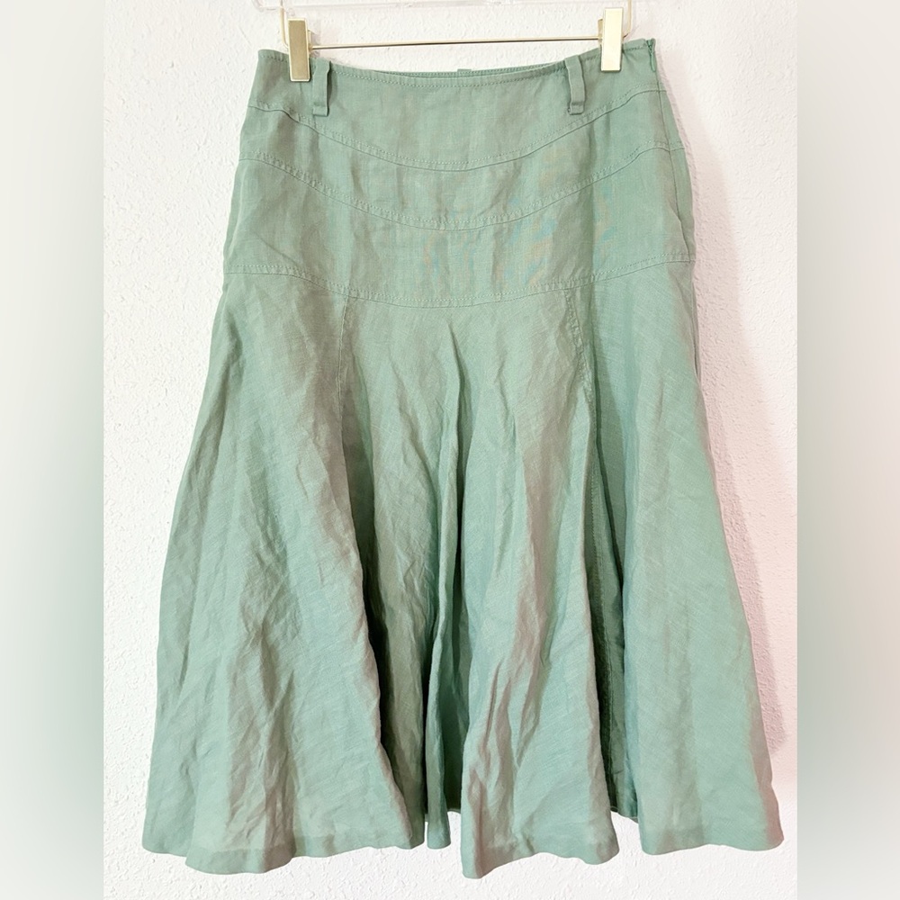 LAFAYETTE 148 New York Sage green 100% Linen Lined Midi Flared Skirt, Size 2P